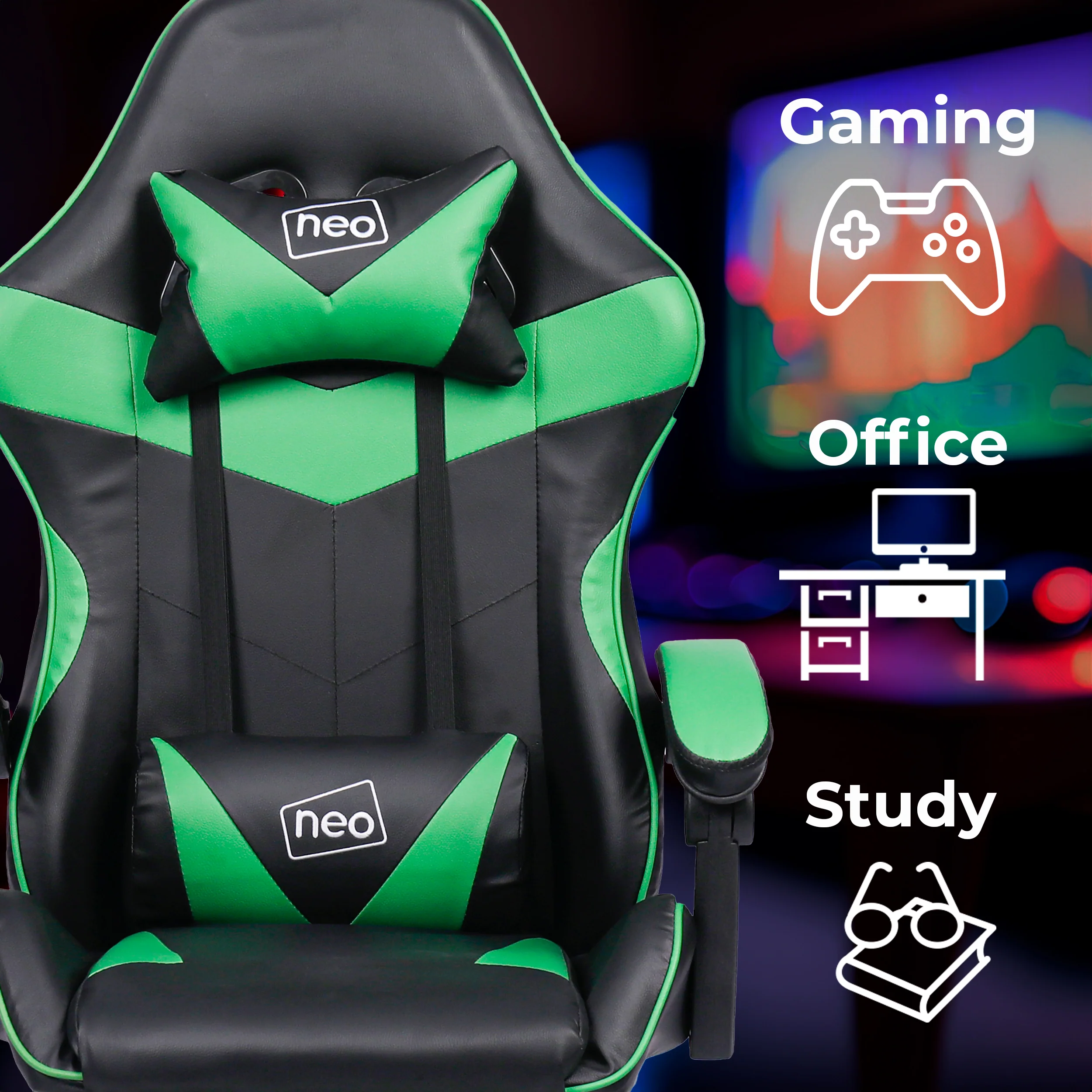 Neo Gaming Chair Green & Black Leather with Footrest