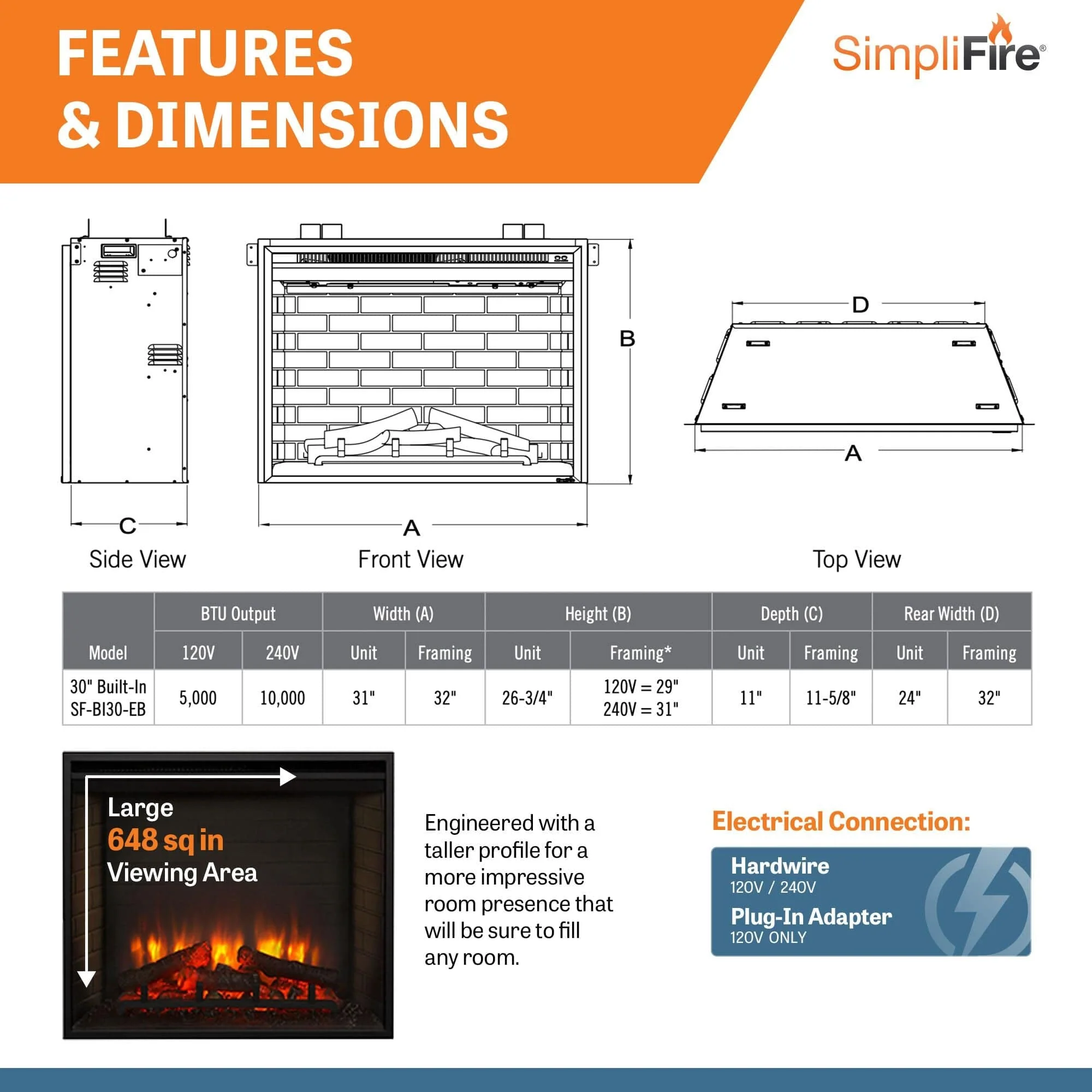 SimpliFire 30-In Built-In Electric Fireplace