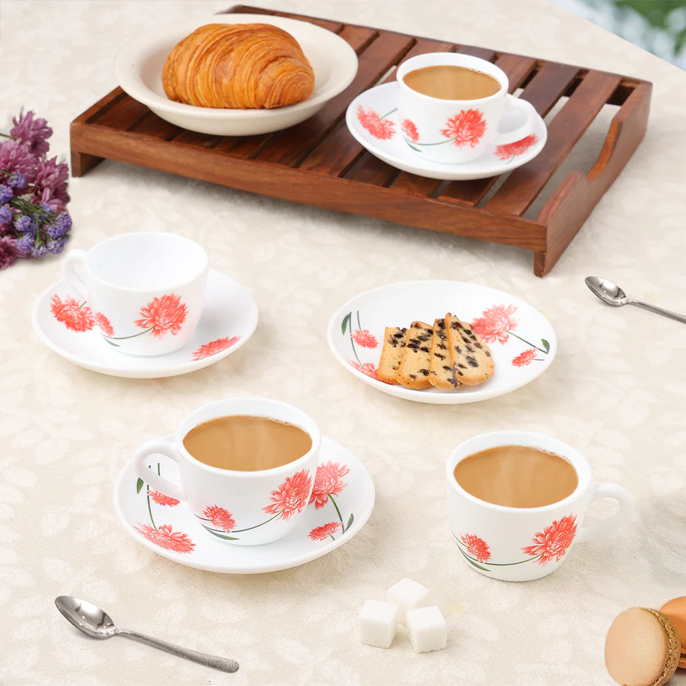 Larah by Borosil Belle Cup n Saucer Set, 140ml x 8