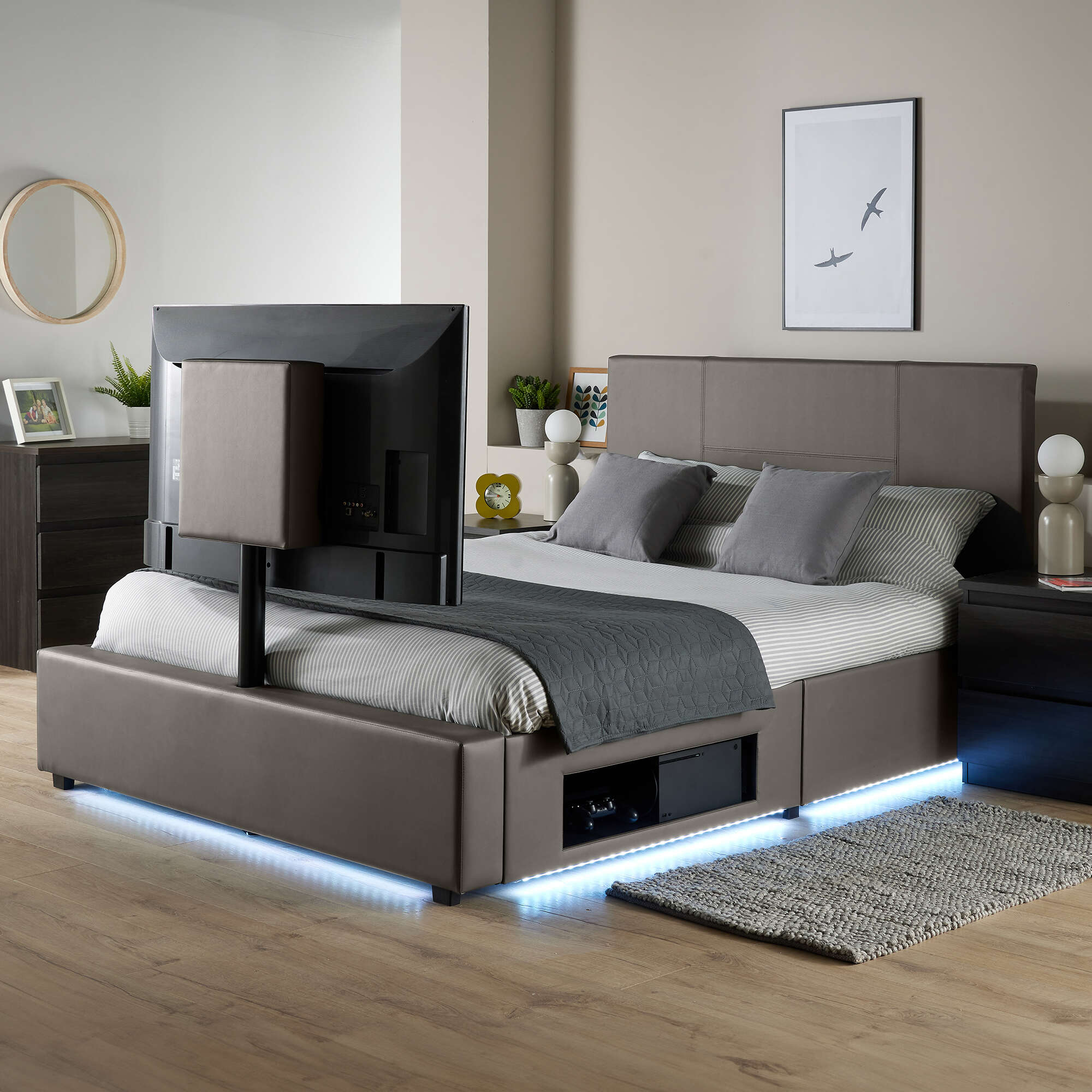 Ava Upholstered TV Bed with LED Lights - Grey (4 Sizes)