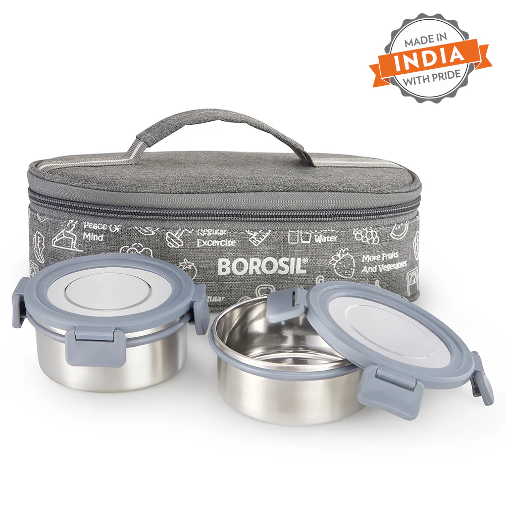 Borosil Slate Stainless Steel Lunchbox, Set of 2, Flat, 280ml