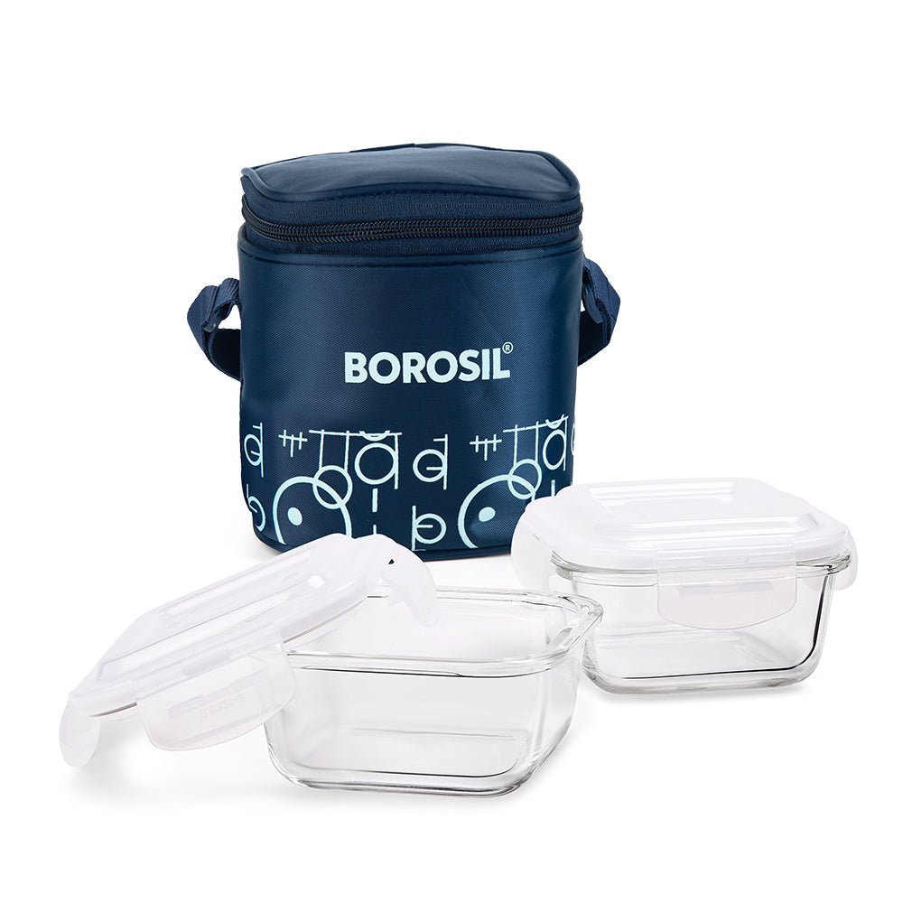 Borosil Grace Navy Glass Lunchbox, Square x 2 (Tall)