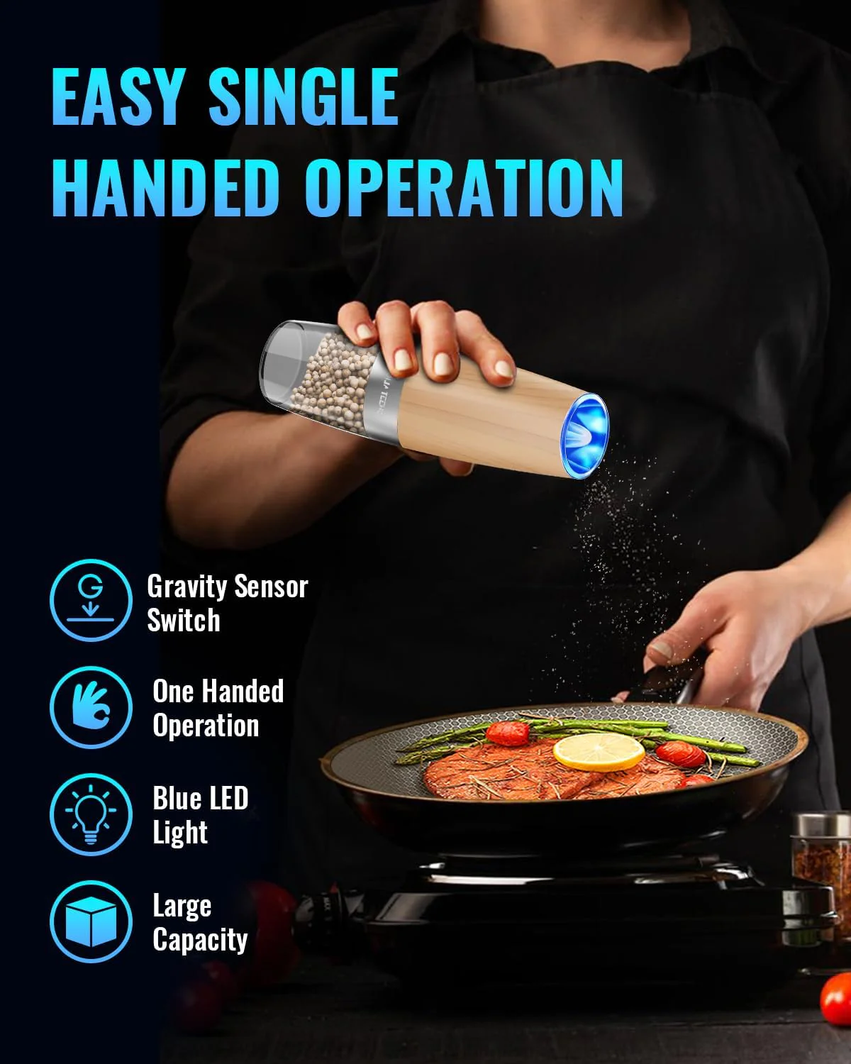 Electric Salt & Pepper Grinder Set, Adjustable Coarseness, LED, One-Hand Use, Stainless Steel 2-Pack