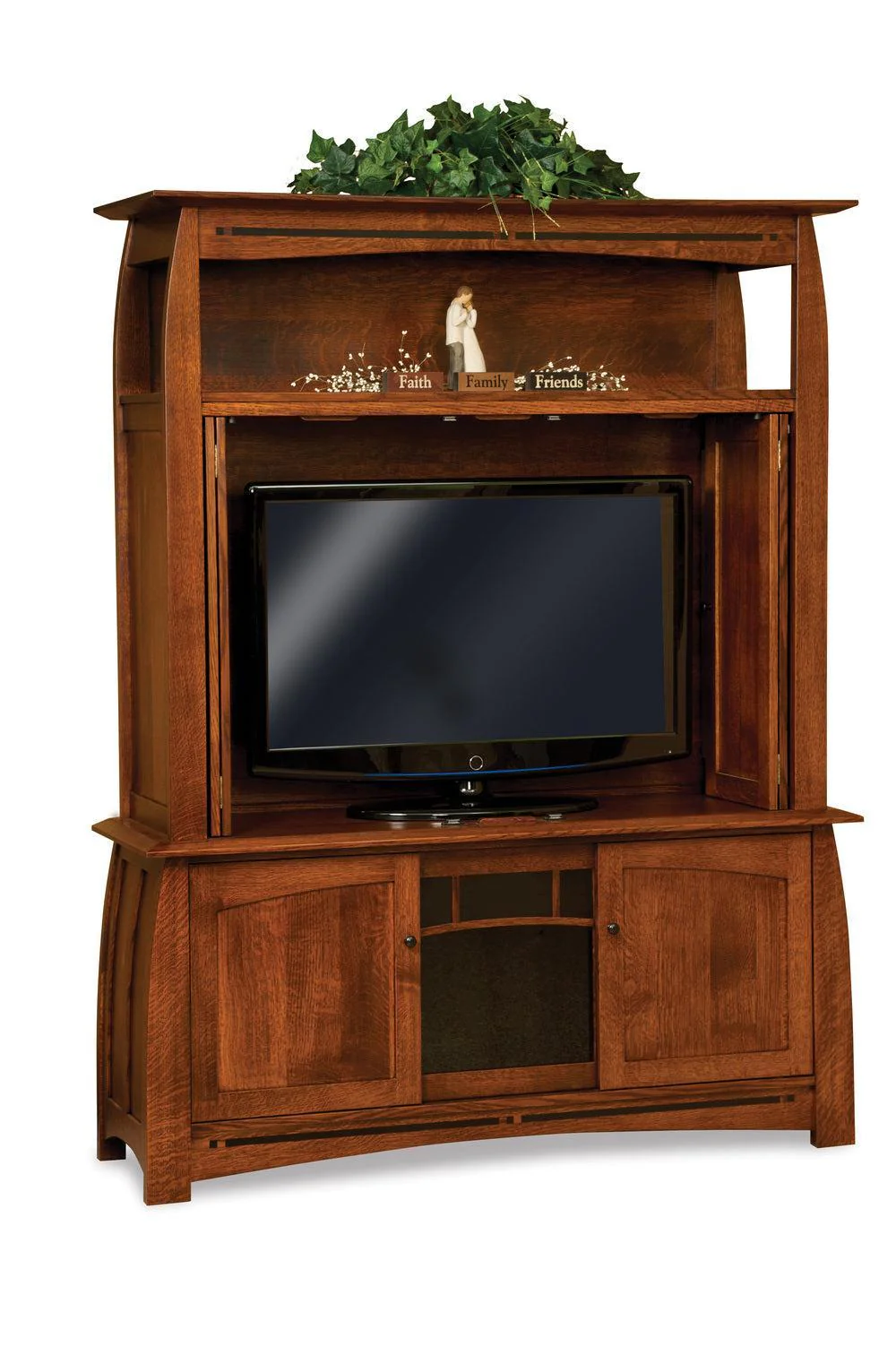Amish Boulder Creek Three Doors 2 Piece Media Cabinet with Di-Fold Pocket Doors On TV Area