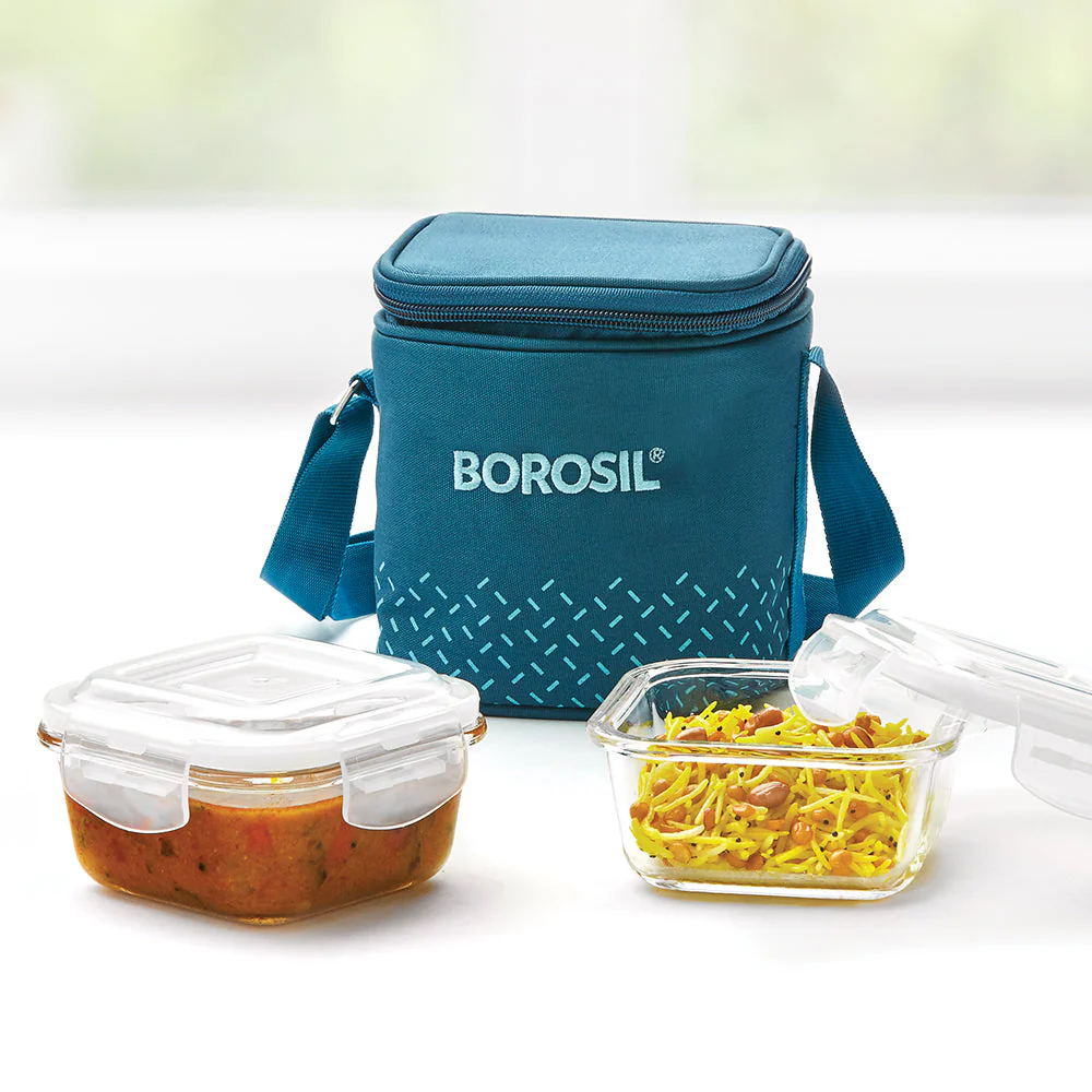 Borosil Teal Glass Lunchbox, Square x 2 (Tall Bag), 320ml x 2