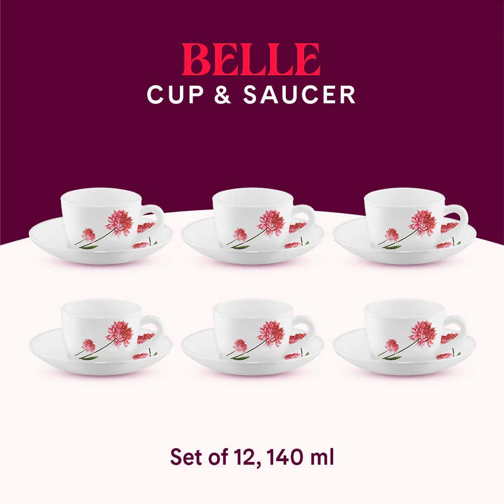 Larah by Borosil Belle Cup n Saucer Set, 140ml x 12