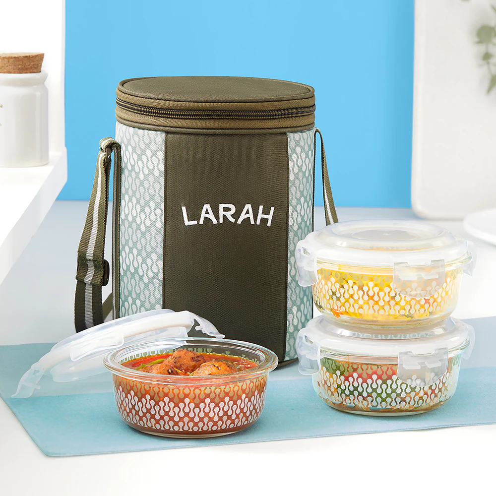 Larah Gracia Glass Lunchbox, Round x 3, 400ml x 3