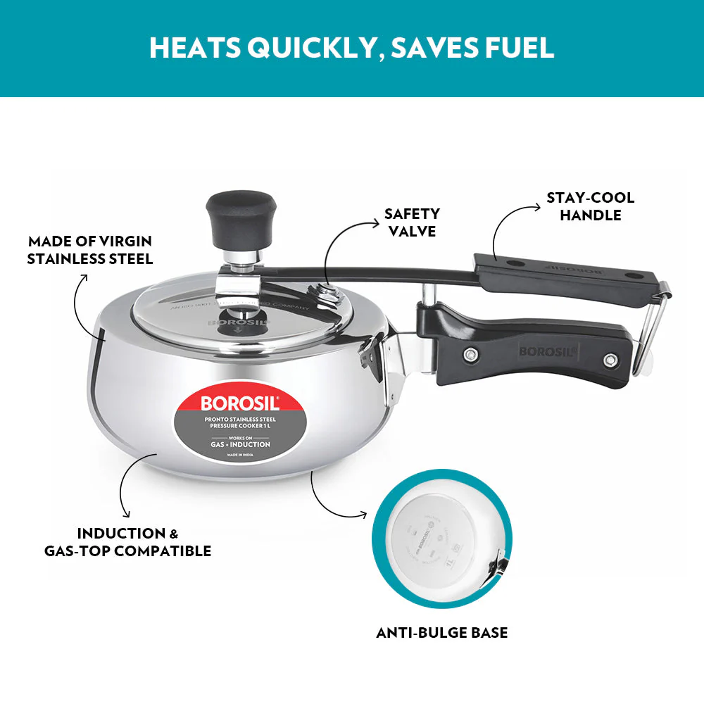 Borosil Pronto SS Pressure Cooker, 1L