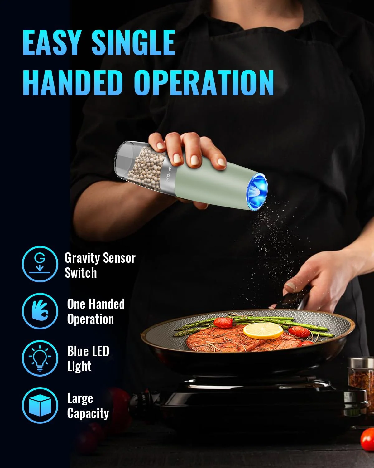 Electric Salt & Pepper Grinder Set, Adjustable Coarseness, LED, One-Hand Use, Stainless Steel 2-Pack