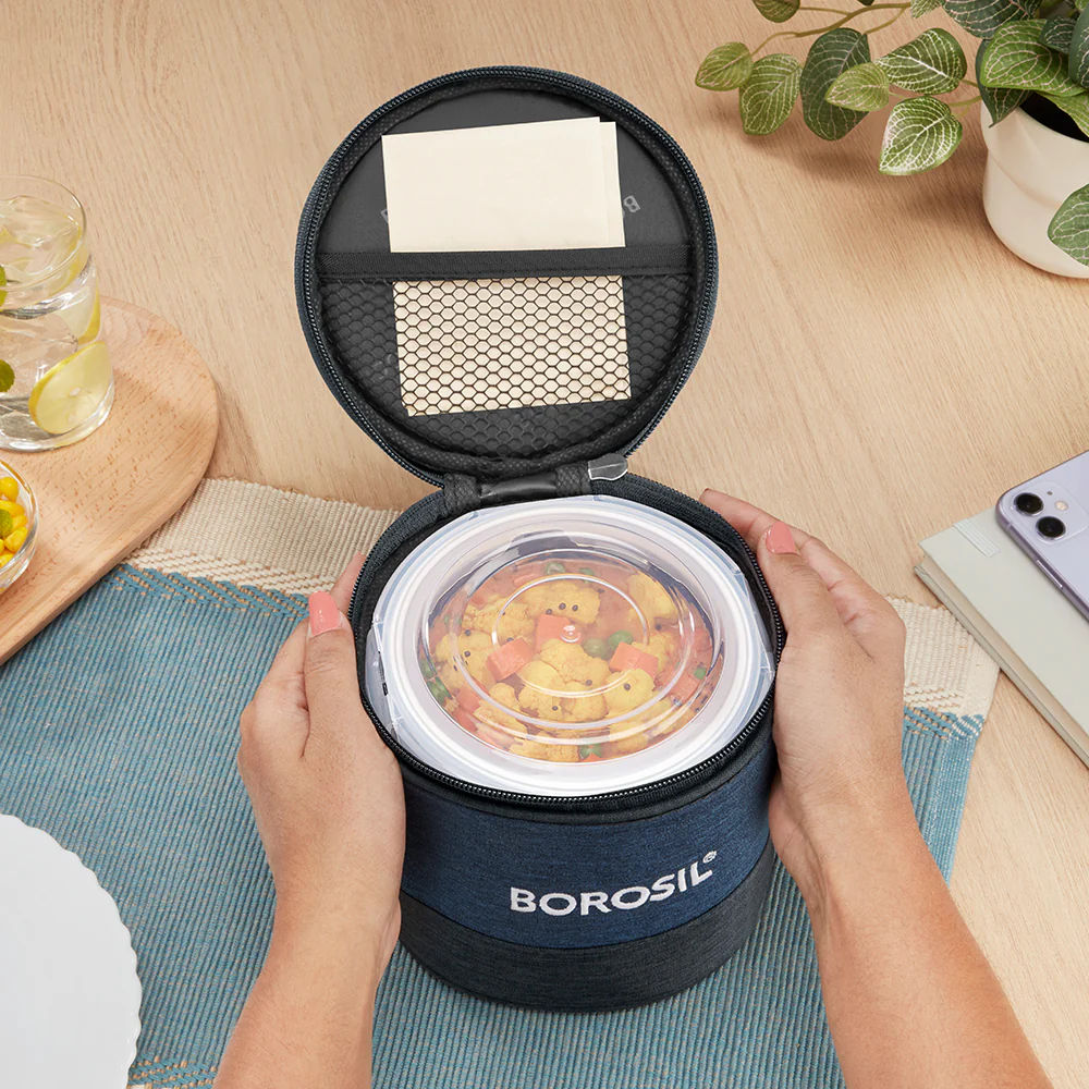 Elite Blue Grey Glass Lunch Box, Round x 2 (Tall), Set of 2, 400ml