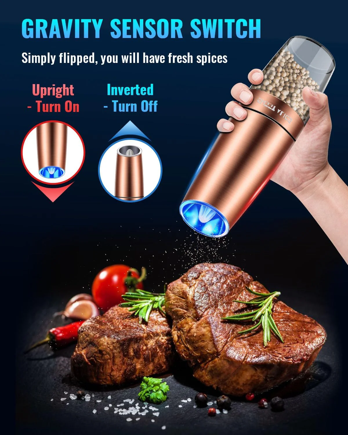 Electric Salt & Pepper Grinder Set, Adjustable Coarseness, LED, One-Hand Use, Stainless Steel 2-Pack