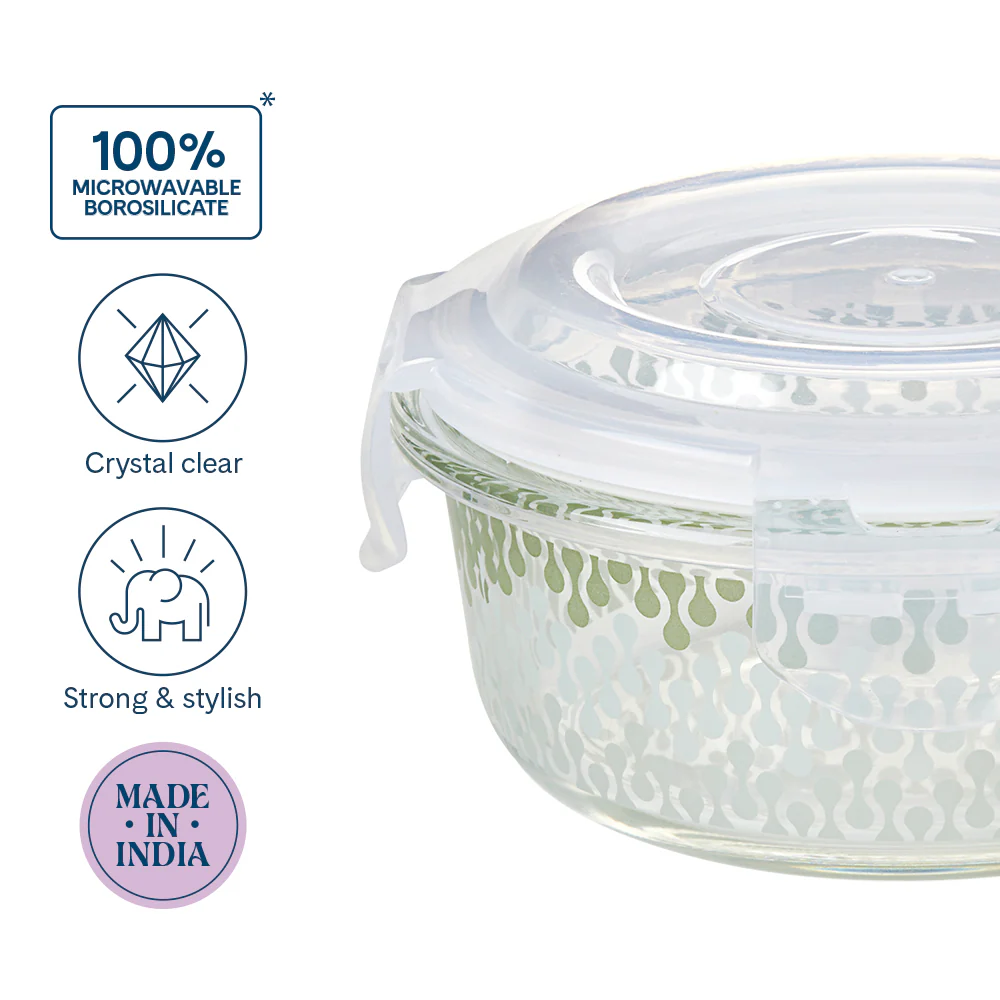 Larah Gracia Glass Lunchbox, Round x 2 (Flat), 400ml x 2