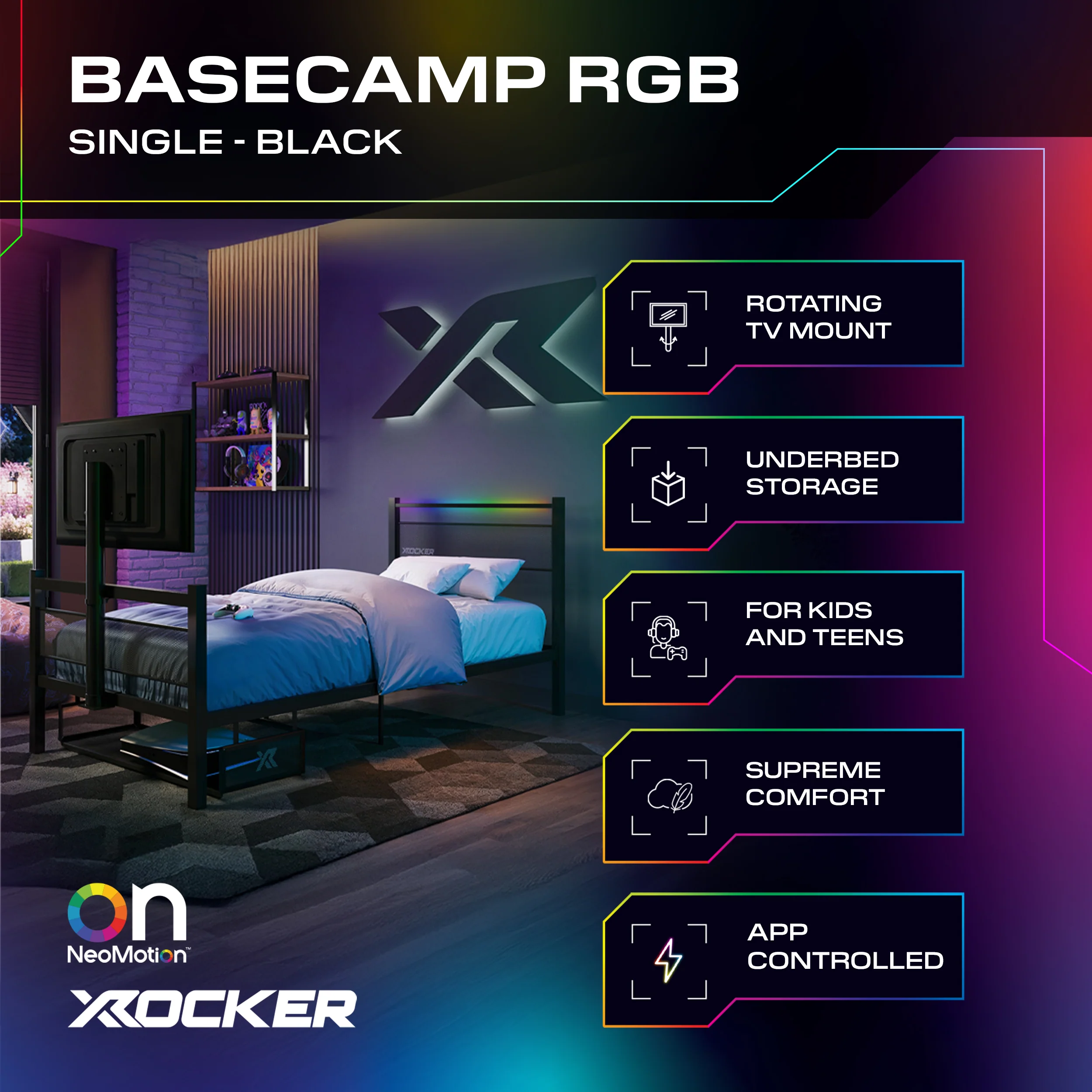Basecamp RGB Single LED Gaming TV Bed - Black