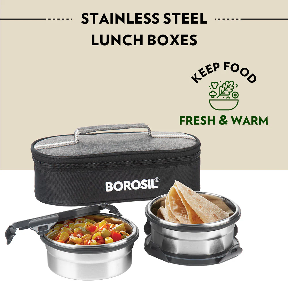 Feast Stainless Steel Lunch Box, Round x 2 (Flat), Set of 2, 400ml