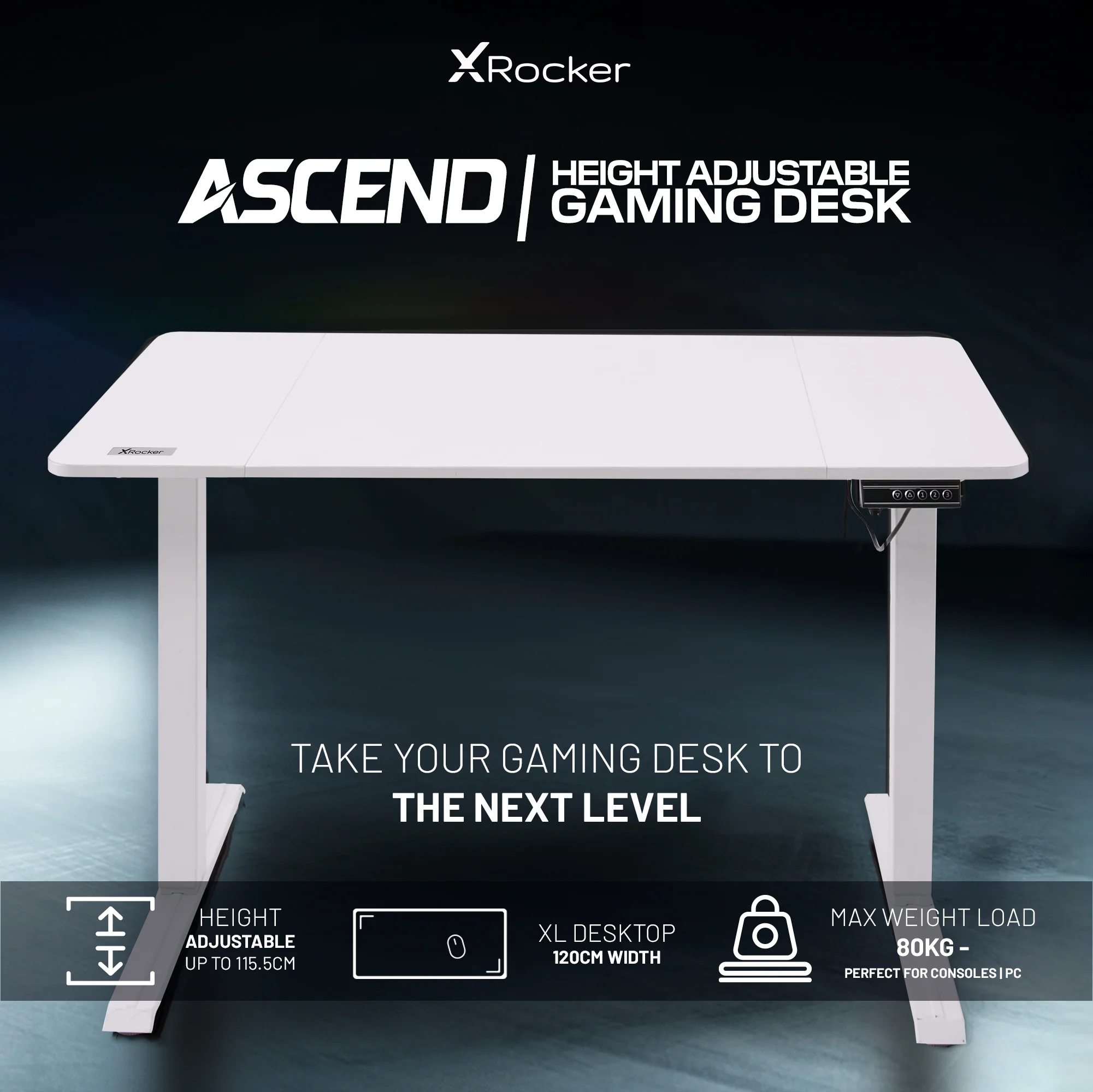 Ascend 120cm Electric Height Adjustable Gaming Desk - White