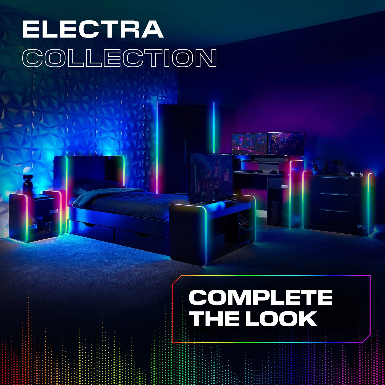 Electra LED Single Gaming Bed with Drawers - Black RGB