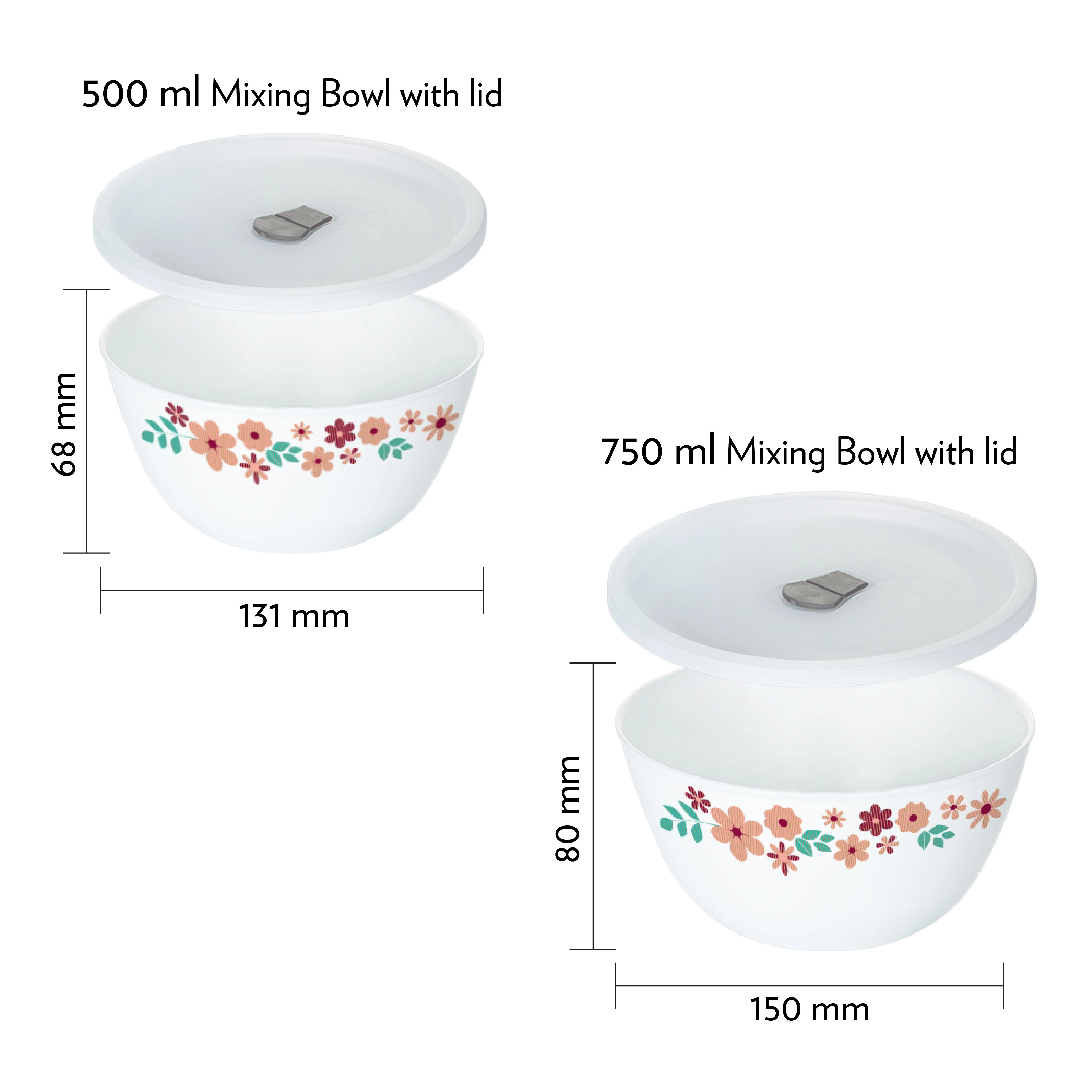 Larah by Borosil Ayana Mixing Bowl Set w Lid, 4 pc Set (500ml + 750ml)