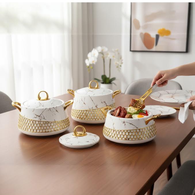 3 Piece Stainless Steel Hot Pot Set White Marble & Gold