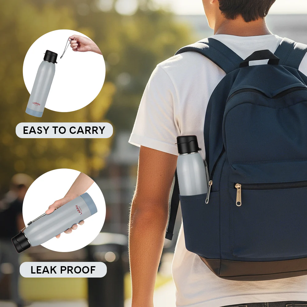 Larah Airo Round PU Thermoware Bottle, 650 ml, Grey