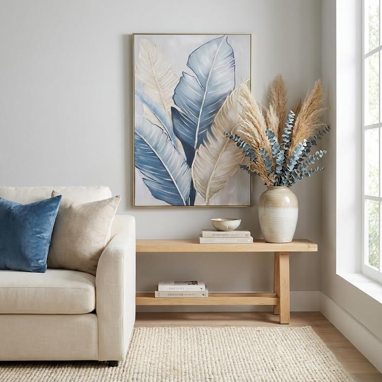 80 x 120cm Feather Design Frame Blue & Cream