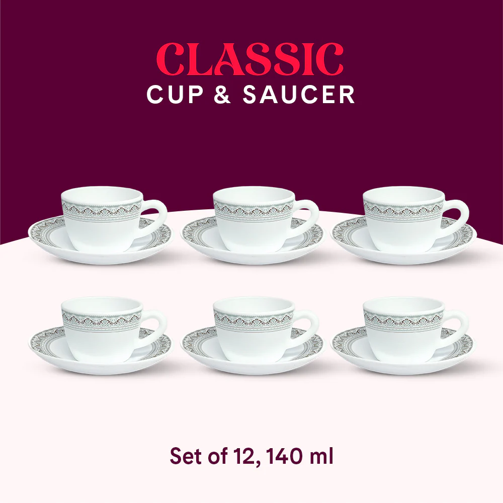 Larah by Borosil Classic Cup n Saucer Set, 140ml x 12