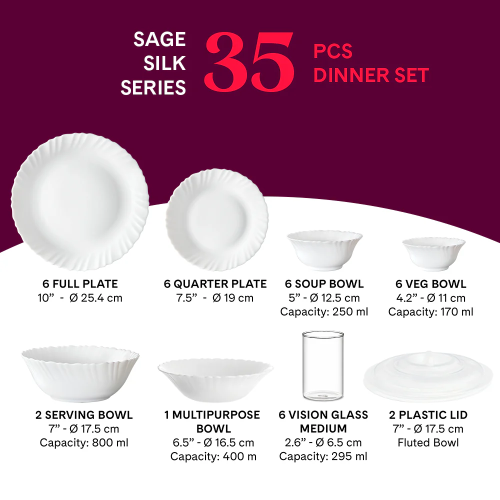 Larah by Borosil Sage 35 pc Dinner Set w Vision Glass