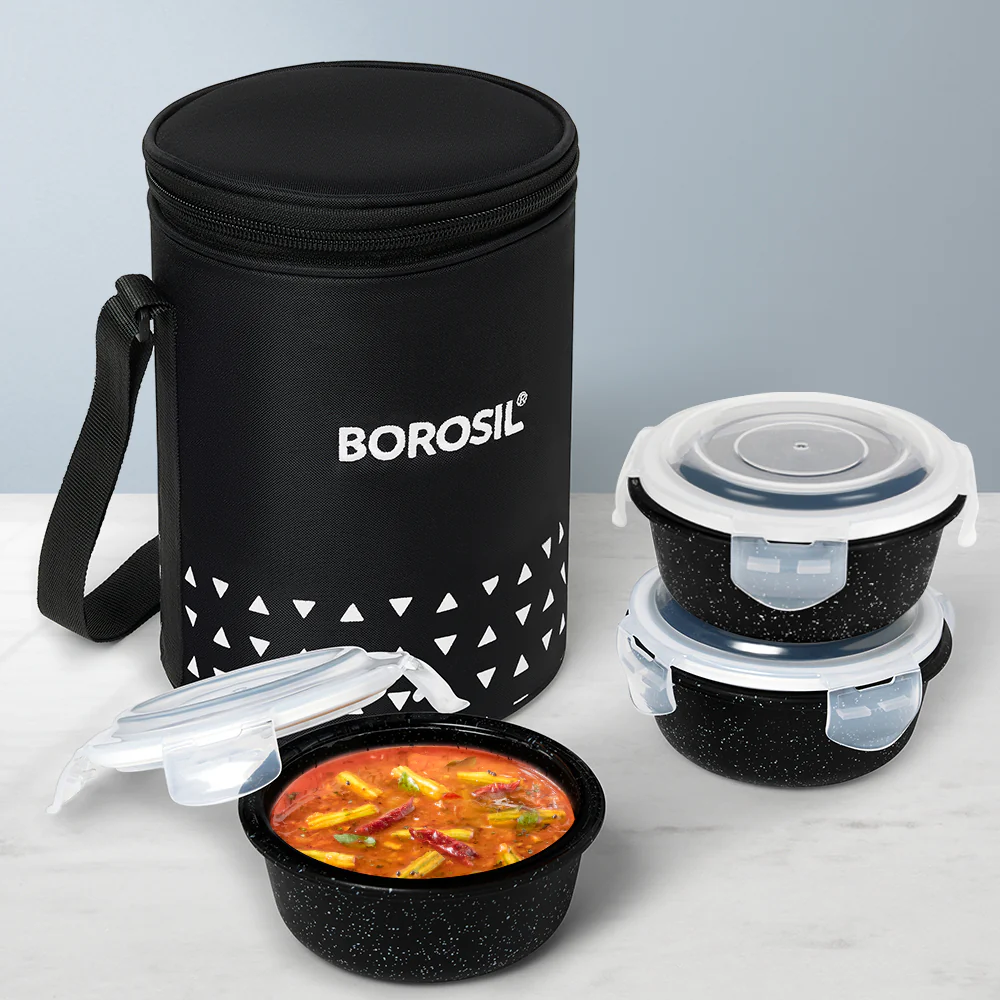 Borosil Kube Black Glass Lunch Box, Round x 3 (Tall), Set of 3, 400ml