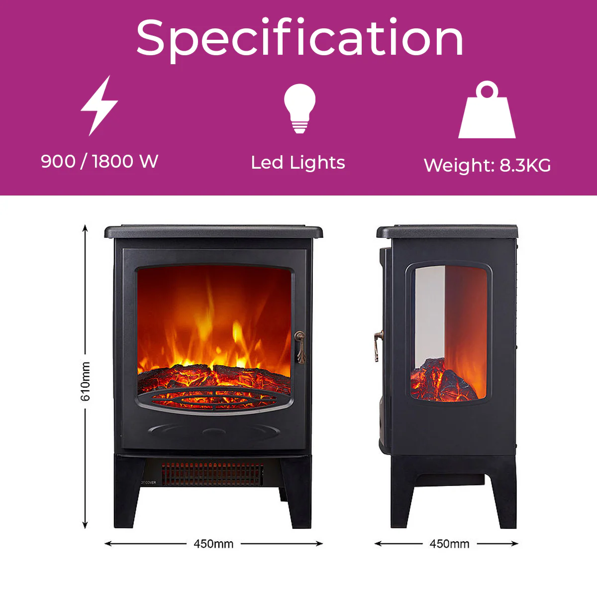 Neo Glass Window Electric Fire With Flame Effect - Black