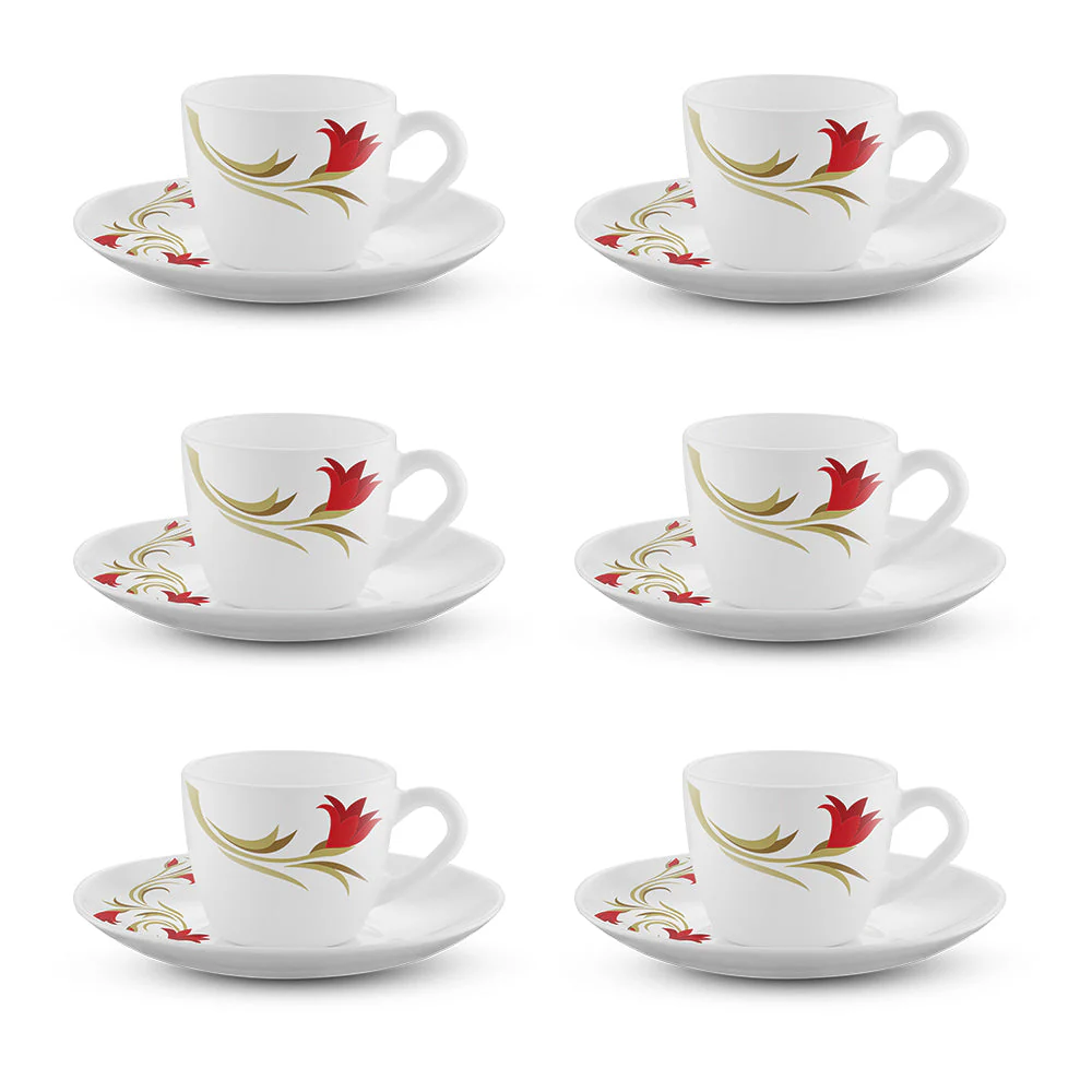 Larah by Borosil Red Lily Cup n Saucer Set, 140ml x 12