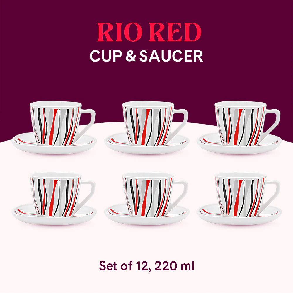 Larah by Borosil Rio Red Square Cup n Saucer Set, 220ml x 12
