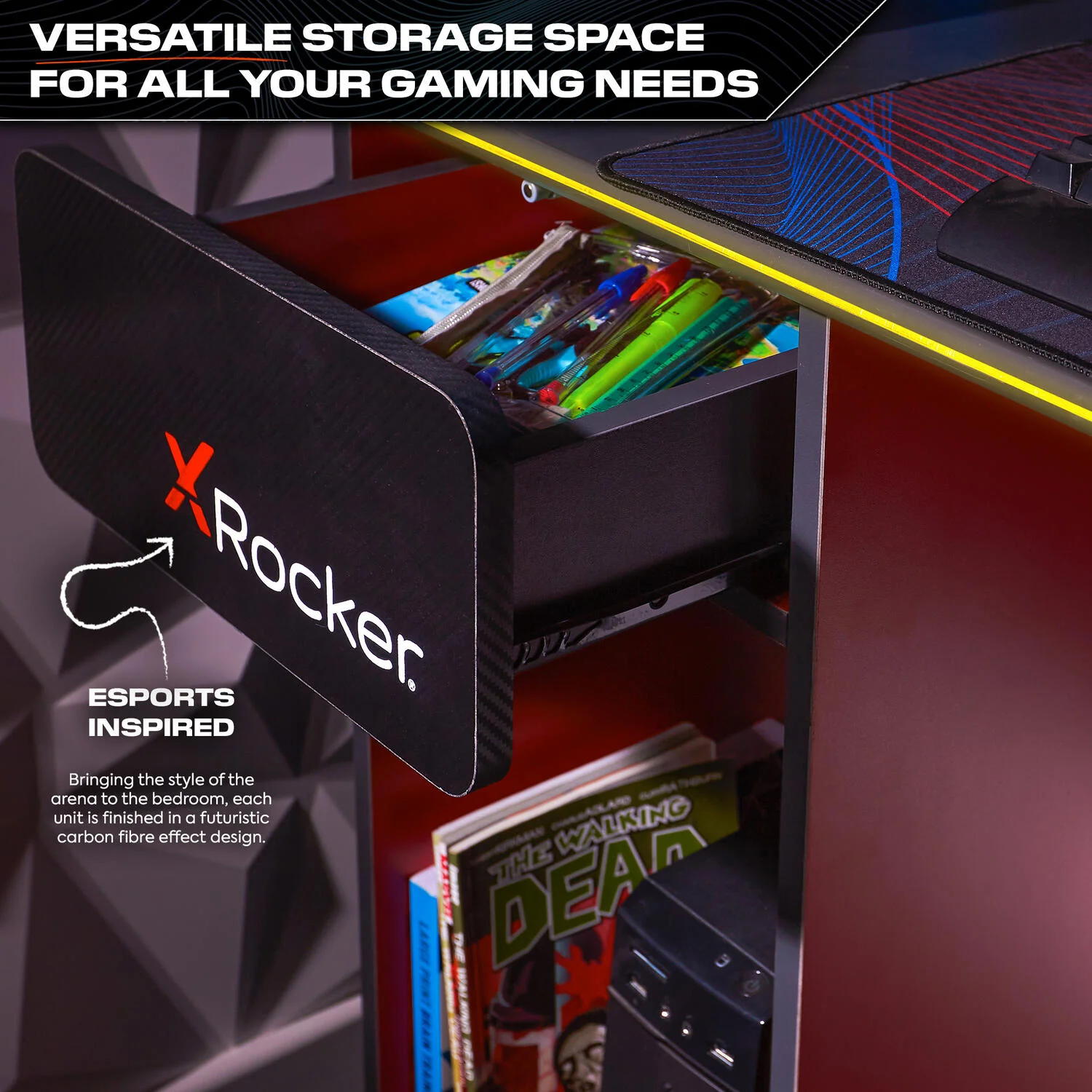 Carbon-Tek 120cm LED Gaming Desk with Wireless Charging - Grey / Red RGB