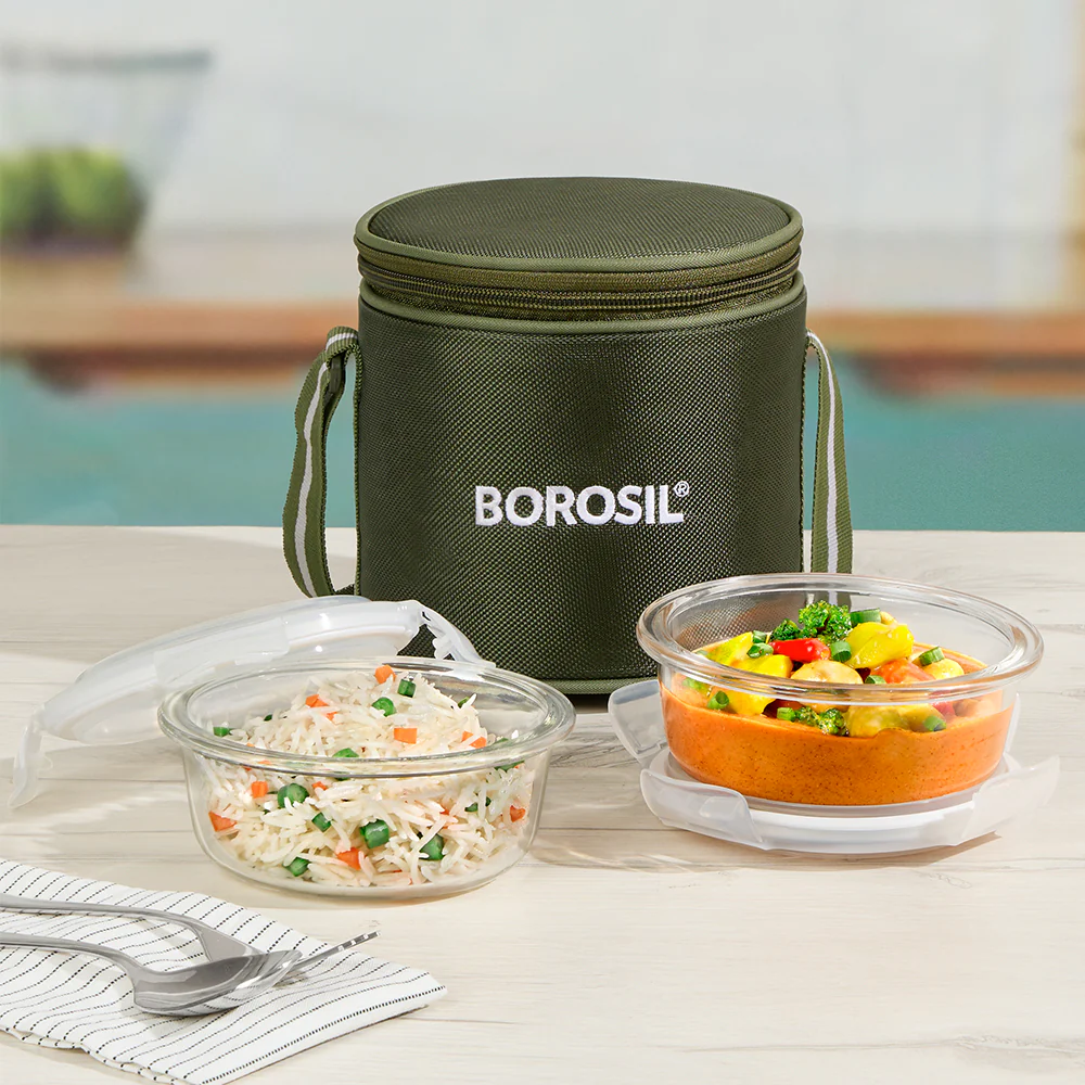 Borosil Eateasy Glass Lunchbox, Round x 2 (Tall), 400ml x 2