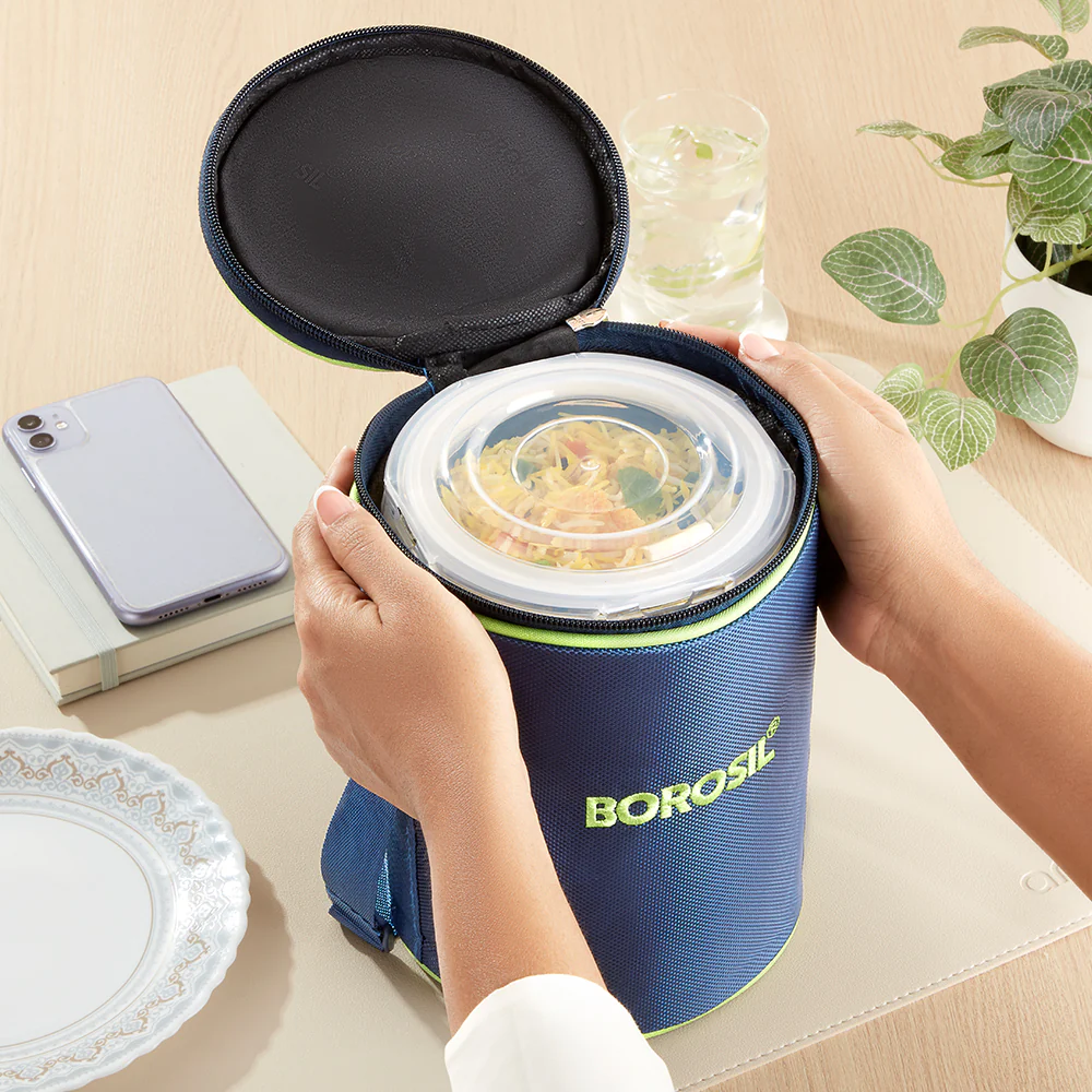 Borosil Blue Glass Lunchbox, Round x 3, 400ml x 3