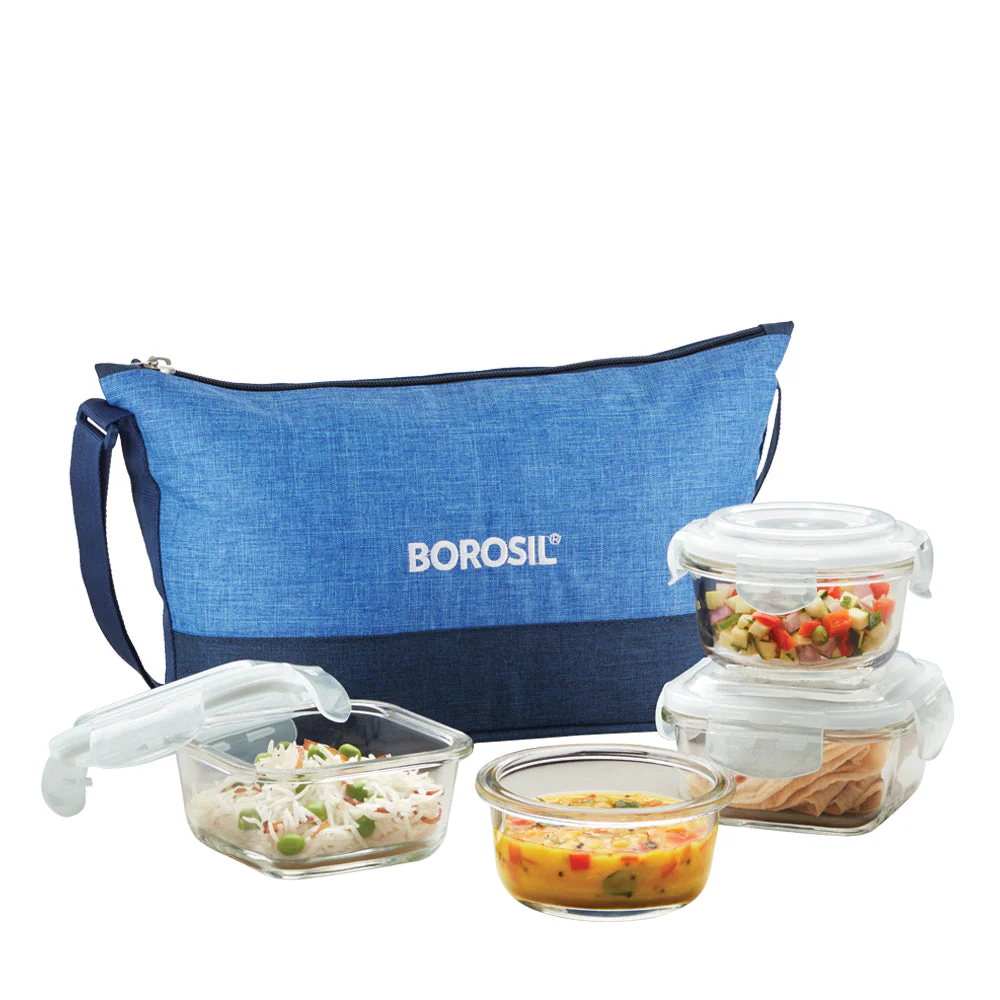 Borosil Prime Daisy Glass Lunchbox, 320ml x 2 (+) 240ml x 2