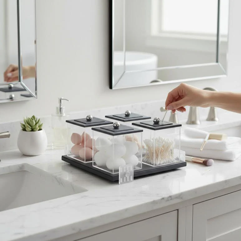 4 Piece Leather Canister Set Black