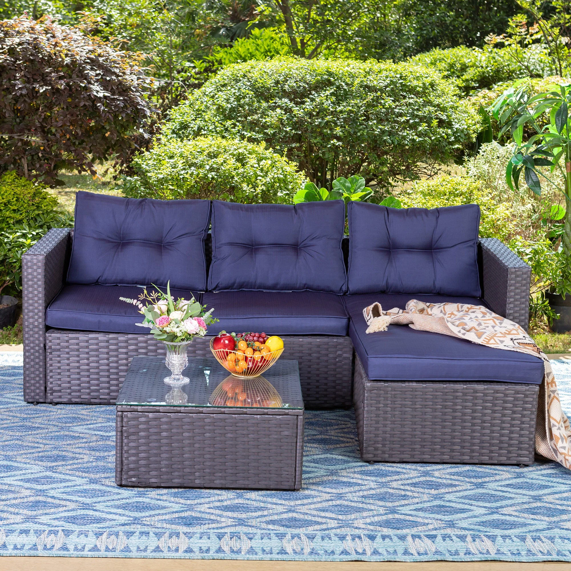 3 Pcs Outdoor Patio Wicker Rattan Sectional Sofa Set