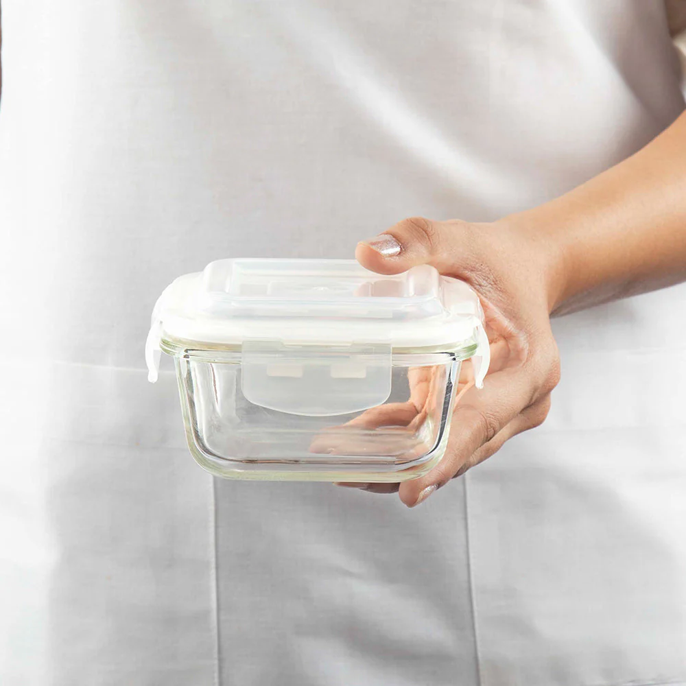 Alfa Blue Glass Lunch Box, Square x 2 (Tall), Set of 2, 320ml