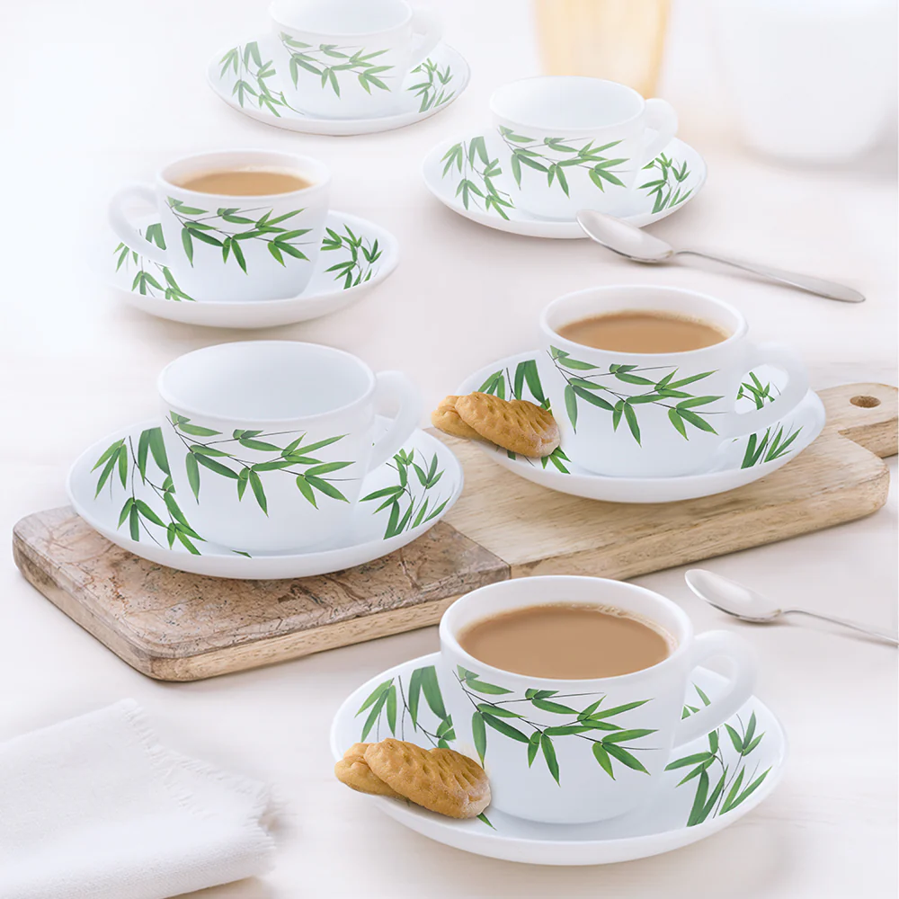 Larah by Borosil Bamboo Leaves Cup n Saucer Set, 140ml x 12