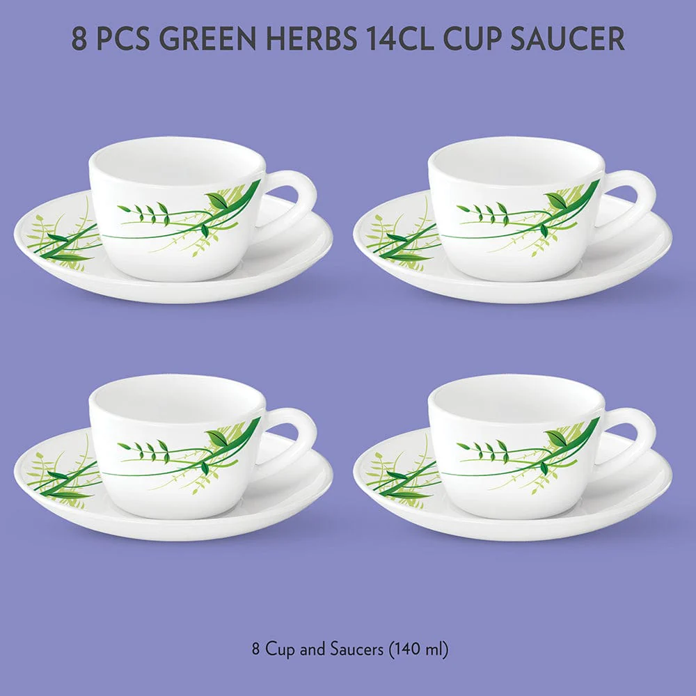 Larah by Borosil Green Herbs Cup n Saucer Set, 140ml x 8