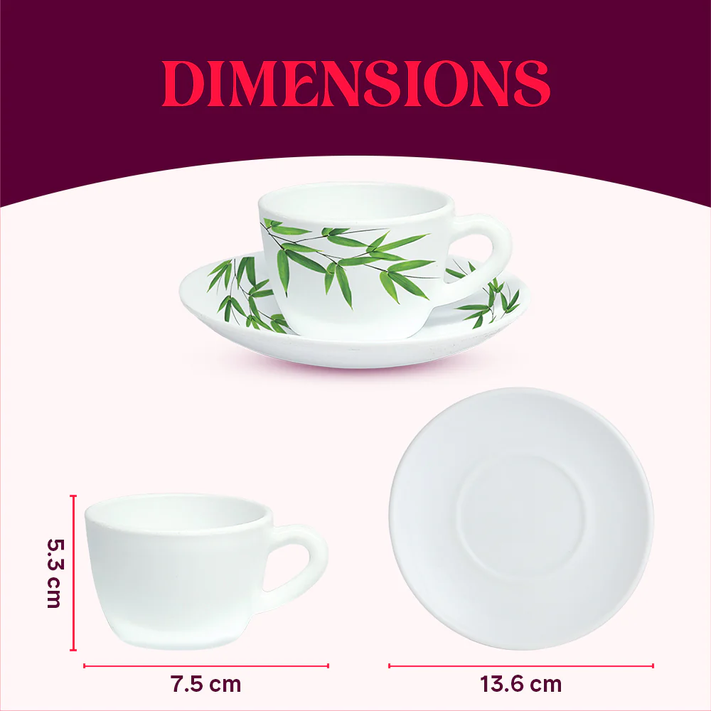 Larah by Borosil Bamboo Leaves Cup n Saucer Set, 140ml x 12