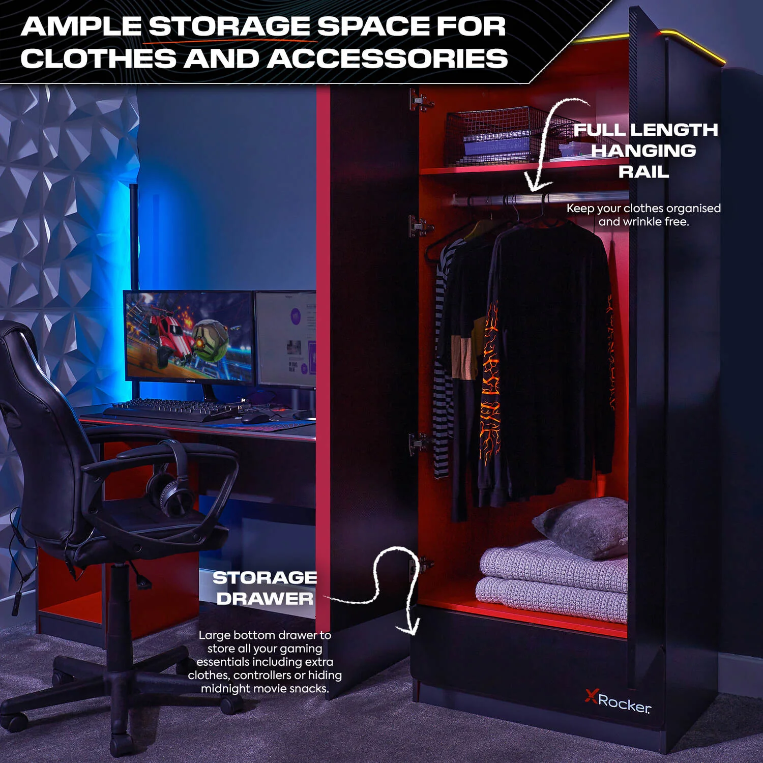 Carbon-Tek LED 2-Door Wardrobe with Drawer - Grey / Red RGB