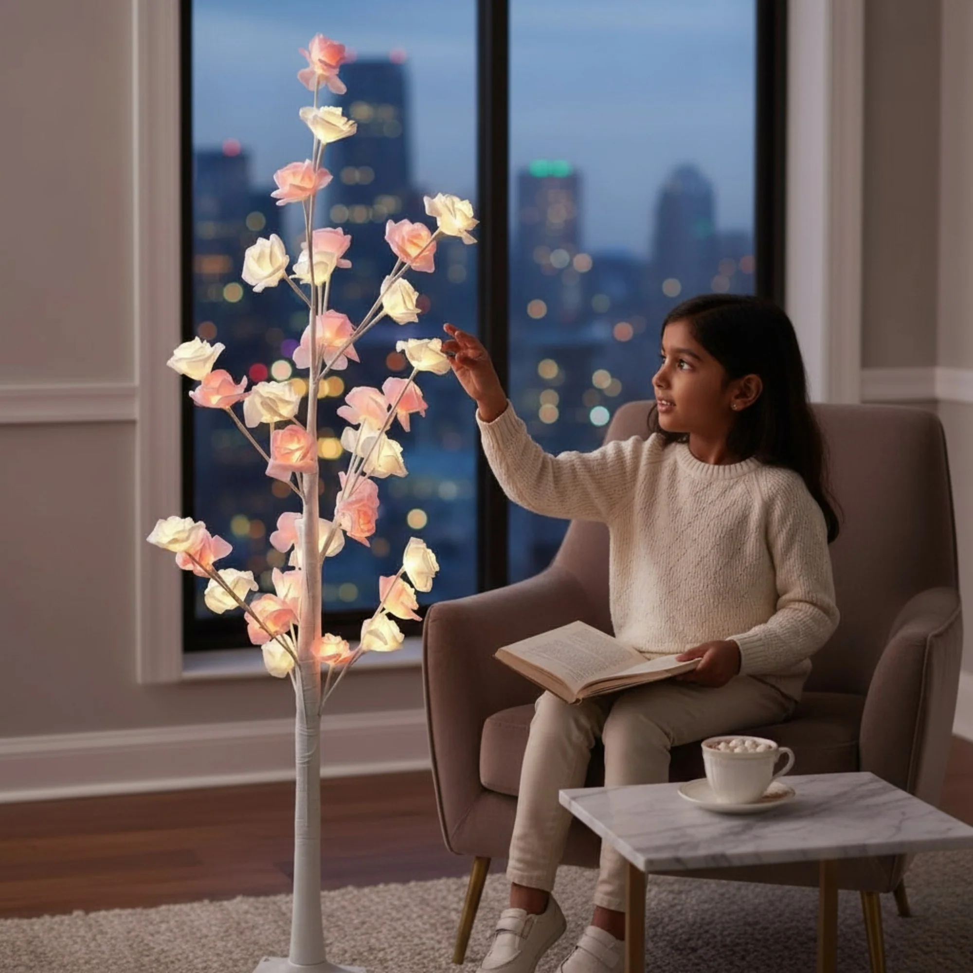 1.2m LED Tree with Roses Pink & White