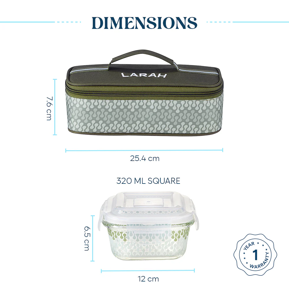 Larah Gracia Glass Lunchbox, Square x 2 (Flat), 320ml x 2