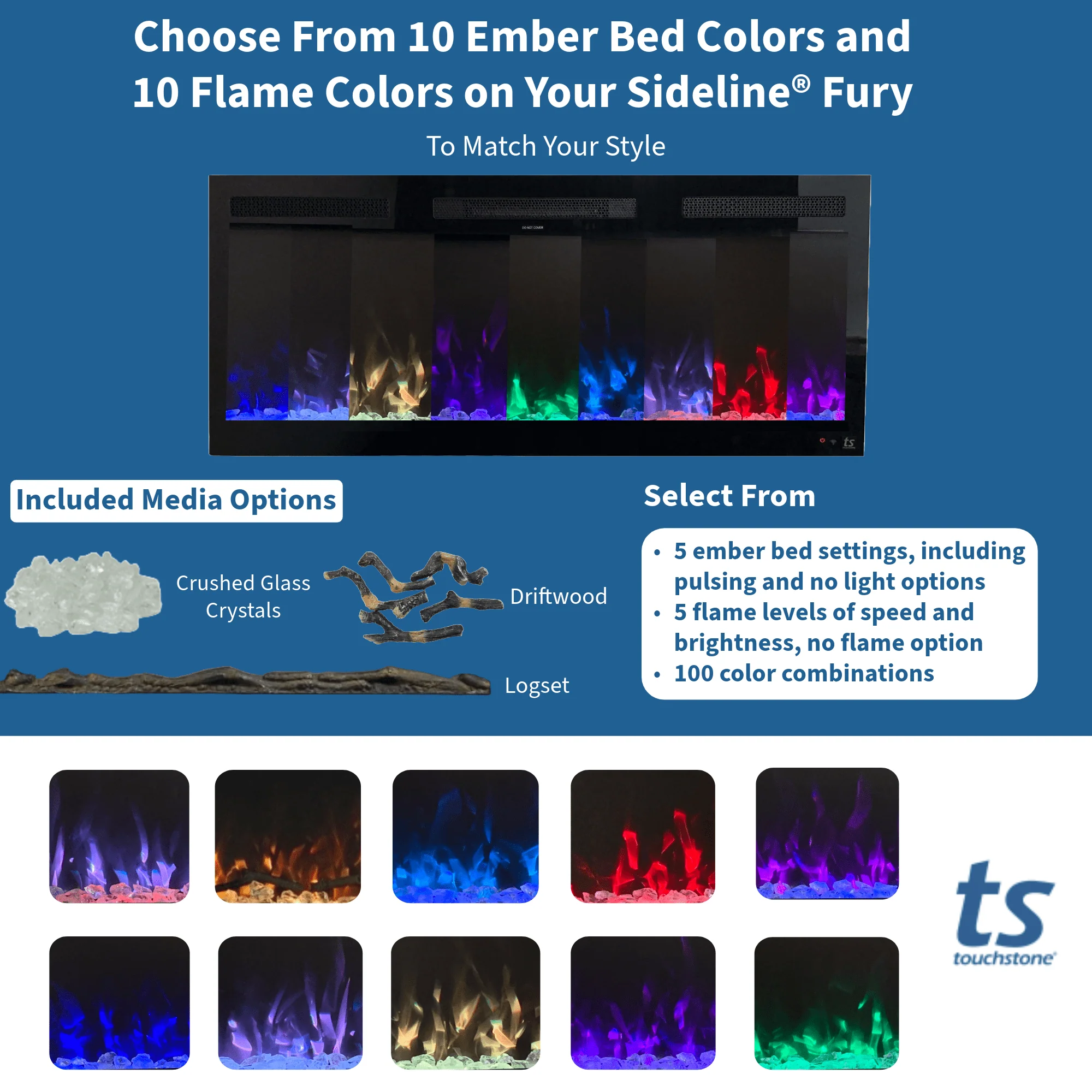 Sideline Fury 50 Inch Slim-Depth Recessed Smart Electric Fireplace 80054