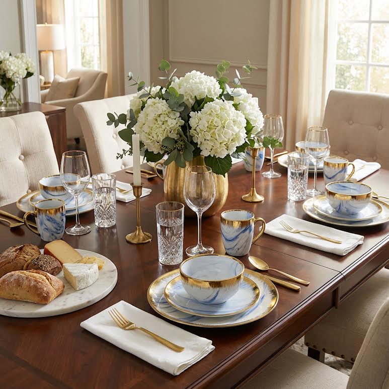 16 Piece Marble Design Dinner Set Multicoloured