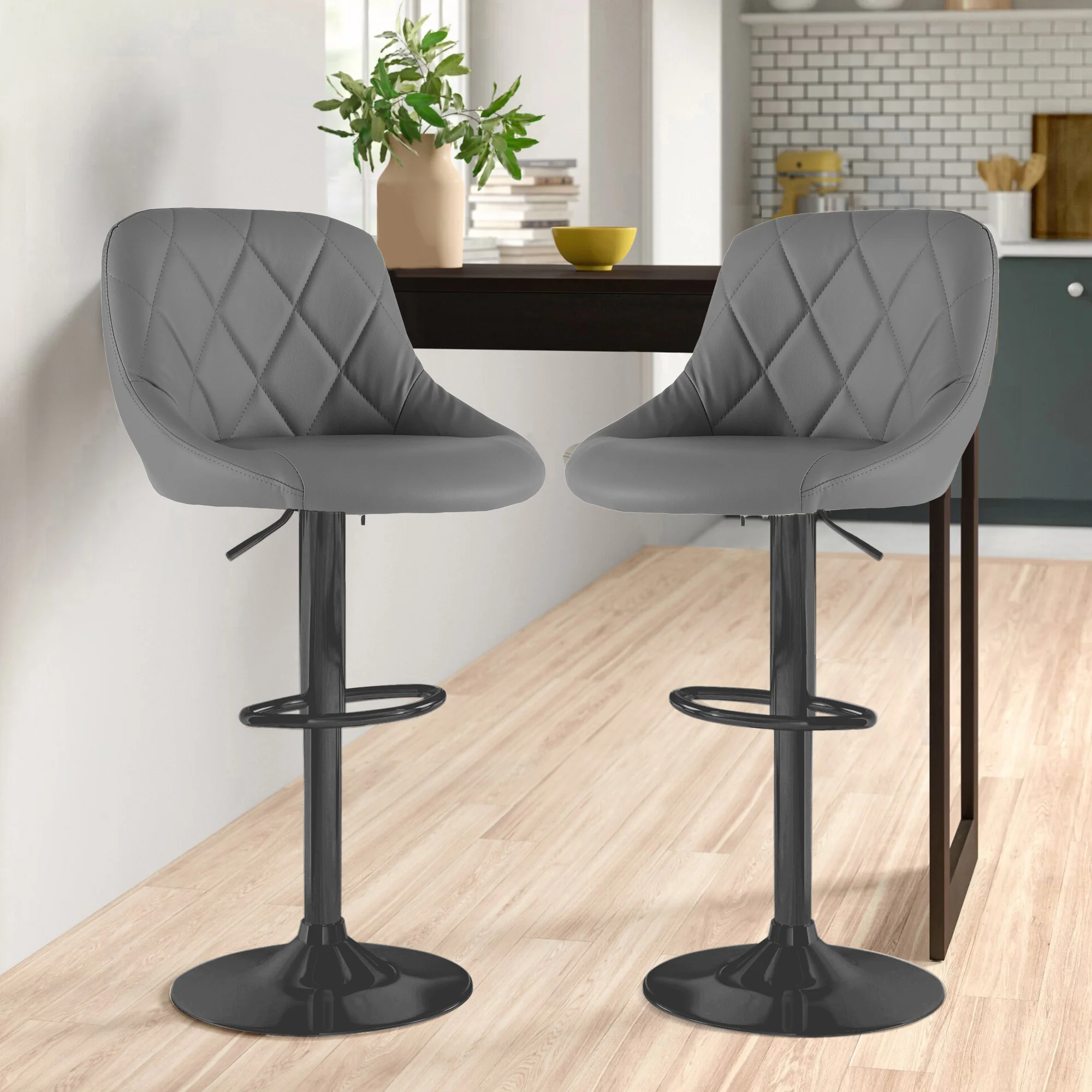 Neo Bar Stool Dark Grey Faux Leather & Black Steel Base Set of Two