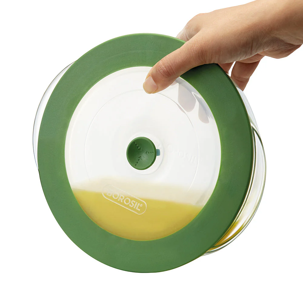 Borosil Round Dish w Green Lid, 1L