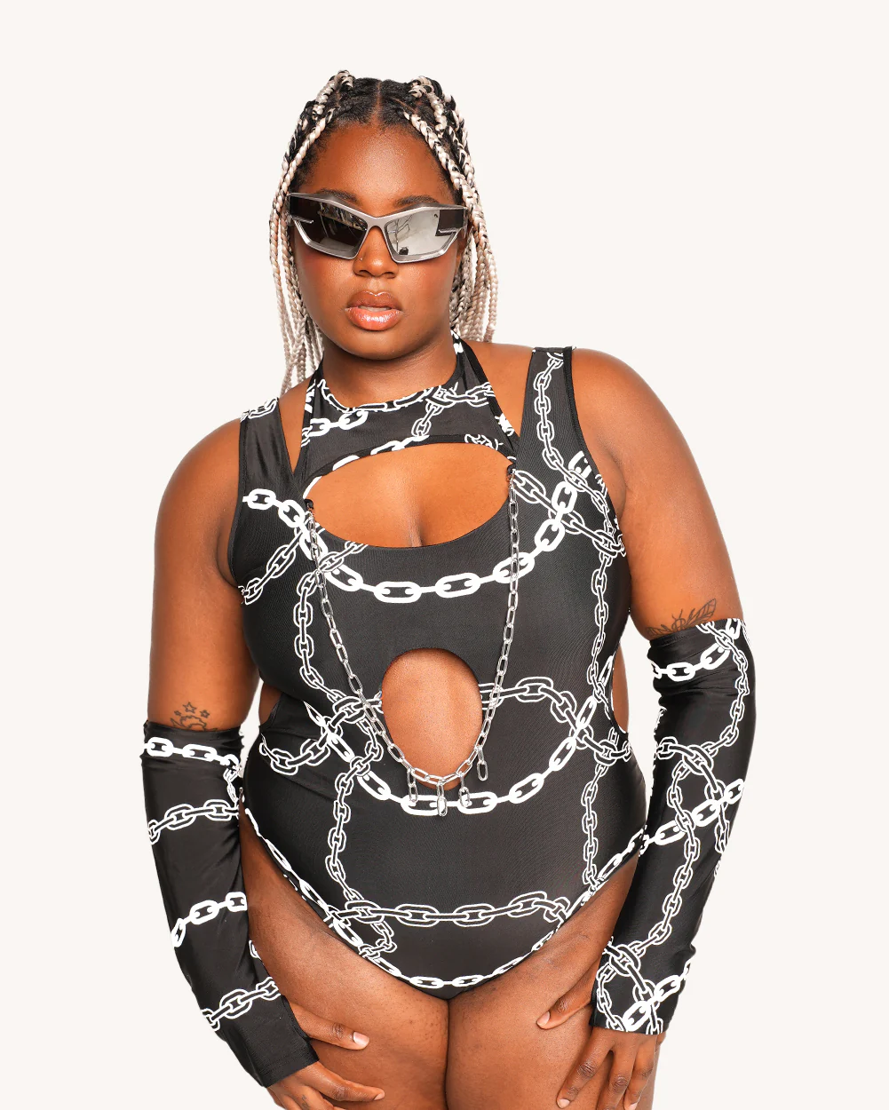 Power Surge Silver Reflective Chain Bodysuit & Sleeve Set