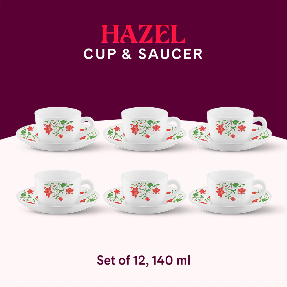 Larah by Borosil Hazel Cup n Saucer Set, 140ml x 12