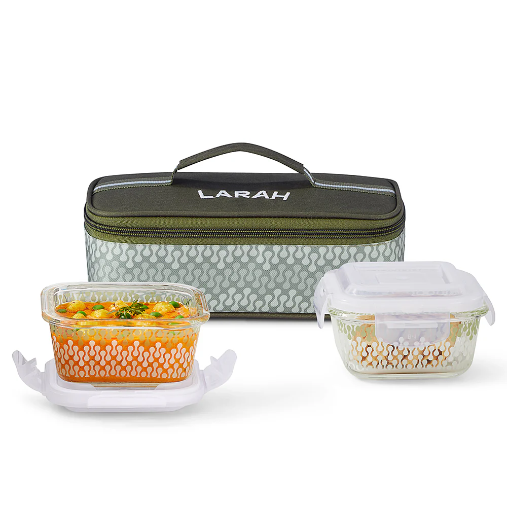 Larah Gracia Glass Lunchbox, Square x 2 (Flat), 320ml x 2
